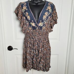 Angie Dress Medium Blue Ditzy Floral Plunge Neck Flutter Smock Waist Beach Boho